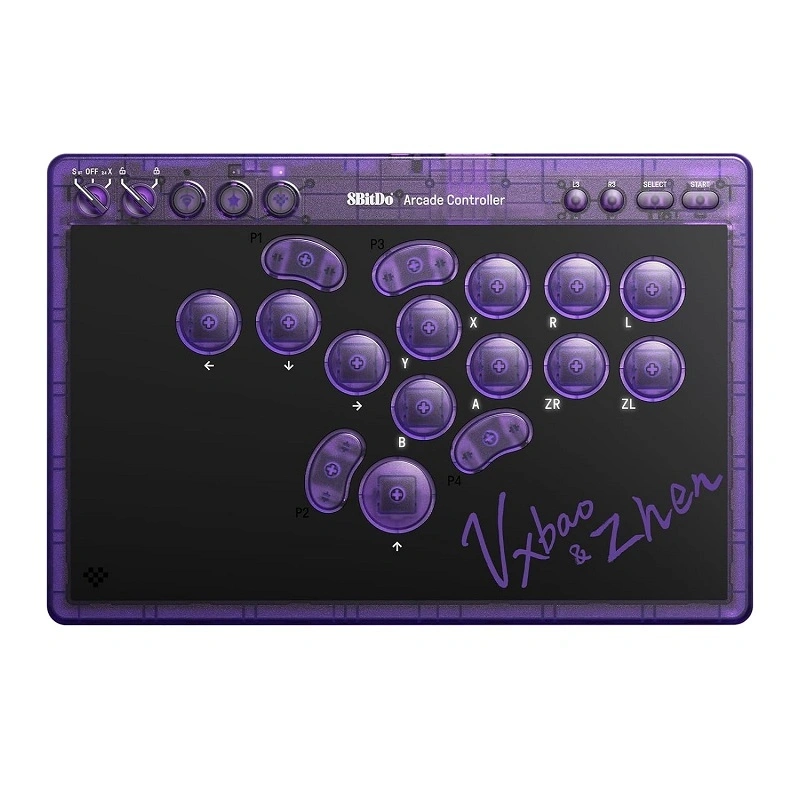 8BitDo Arcade Stick All-Button, Signature Edition, Átlátszó lila, vezeték nélküli kontroller