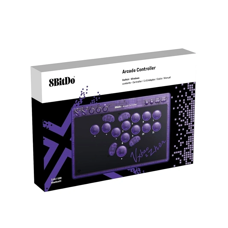 8BitDo Arcade Stick All-Button, Signature Edition, Átlátszó lila, vezeték nélküli kontroller