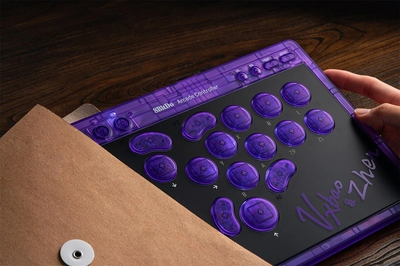 8BitDo Arcade Stick All-Button, Signature Edition, Átlátszó lila, vezeték nélküli kontroller