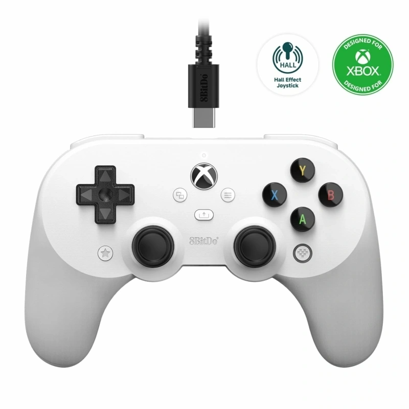 8BitDo Pro 2 Wired, Xbox Series X|S, Xbox One, PC, Hall-Effect, fehér vezetékes kontroller