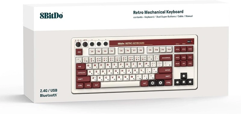 8BitDo Retro 87, Mechanikus, Kailh Box, Fami Edition, vezeték nélküli billentyűzet