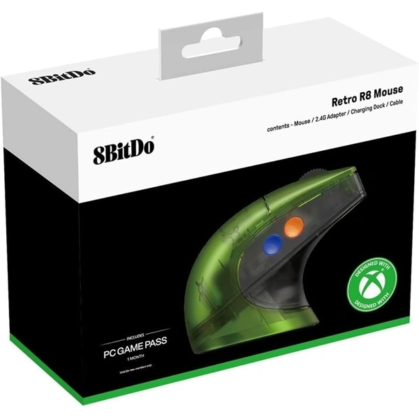 8BitDo Retro R8, 26 000 DPI, PAW 3395, Xbox Edition, vezeték nélküli egér