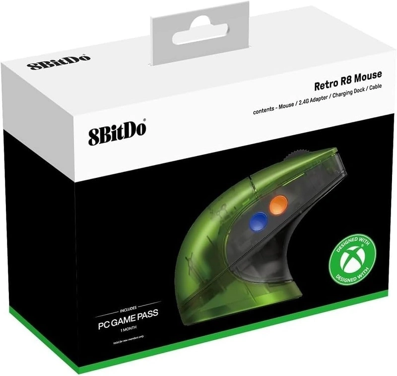 8BitDo Retro R8, 26 000 DPI, PAW 3395, Xbox Edition, vezeték nélküli egér