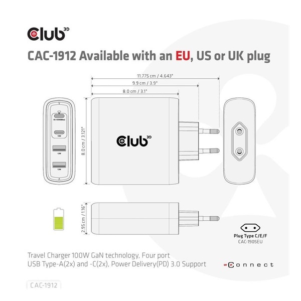 Club3D USB-C Power Adapter 100W EU -  Hálózati töltő