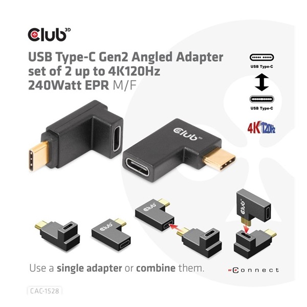 Club3D USB Type-C Gen2 Angled Adapter set of 2 up to 4K120Hz M/F