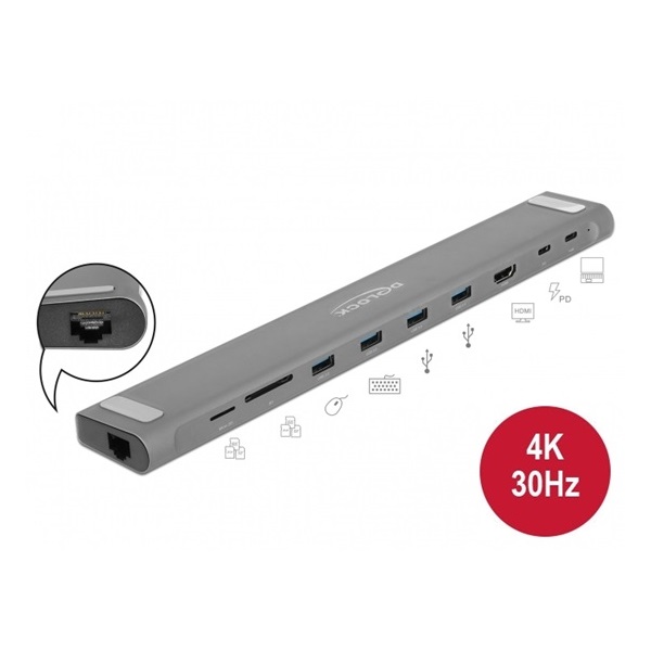ADA Delock 87748 USB-C vékony dokkoló állomás 4K - HDMI / USB 3.0 / LAN / SD / PD 3.0