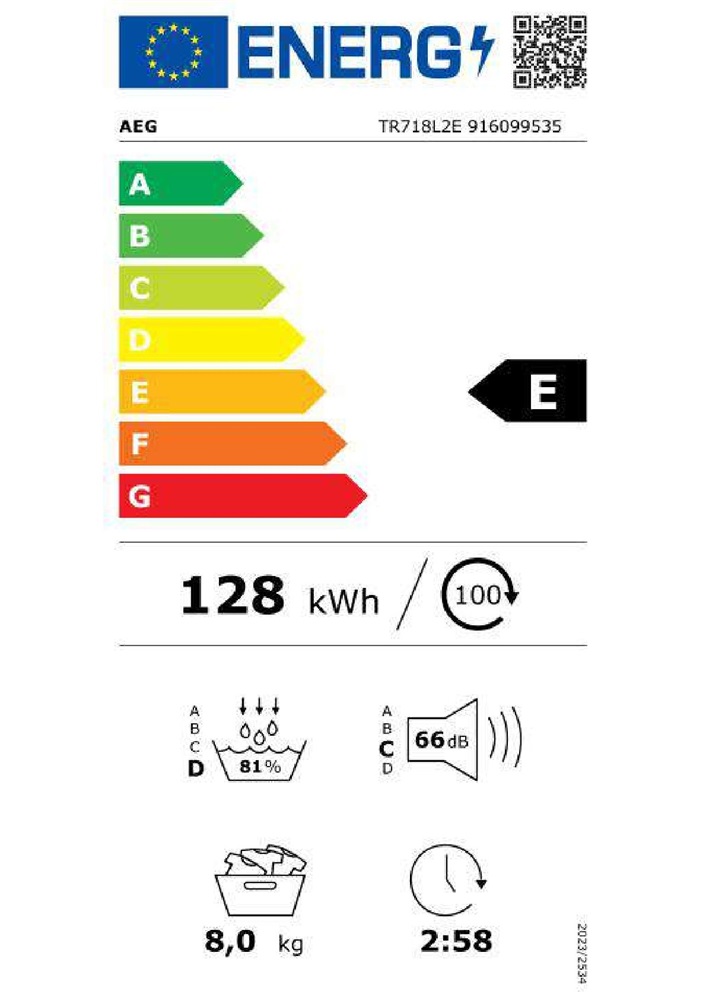 AEG TR718L2E fehér, 8 kg, hőszivattyús, szárítógép