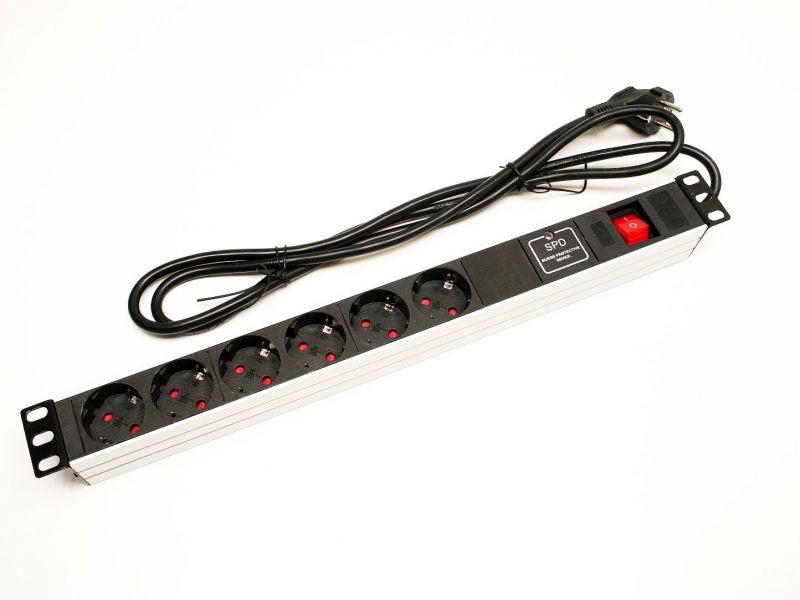 APower 1U 19" fekete/alu 6-os kapcsolós túlfeszvédett elektromos elosztó