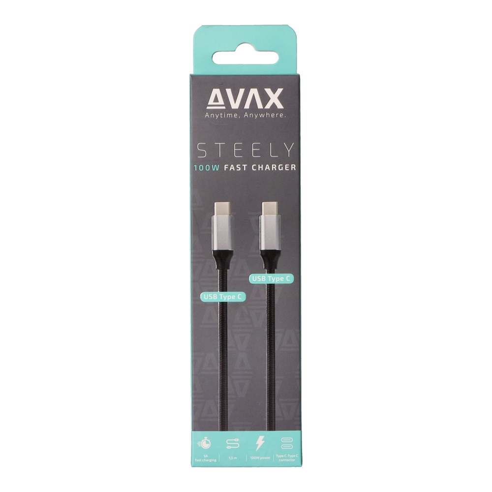 AVAX CB303G STEELY 1,5m 100W Type-C gyorstöltő sodorszálas acélszürke adat- és töltőkábel