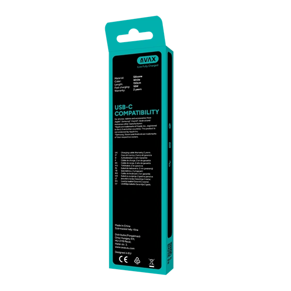 AVAX CB3301 18W USB-A – USB-C gyorstöltő szilikon kábel, 1.5 m, fehér
