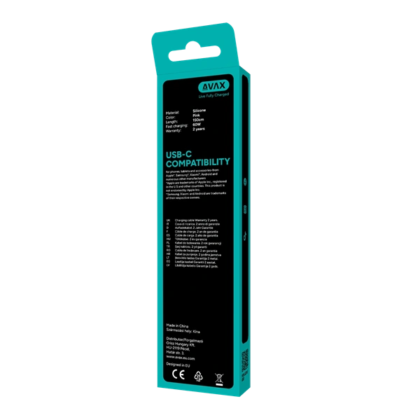 AVAX CB3309 60W USB-C gyorstöltő szilikon kábel, 1.5 m, rózsaszín