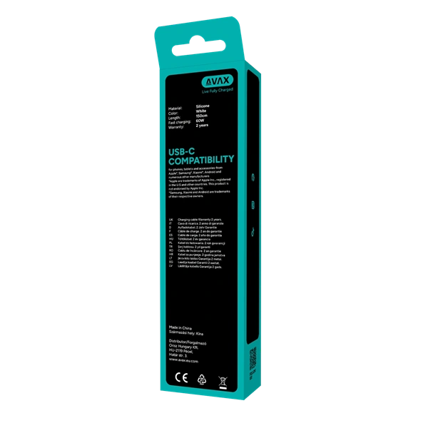 AVAX CB4303 2x 60W USB-C gyorstöltő szilikon kábel csomag, 1.5 m, fehér