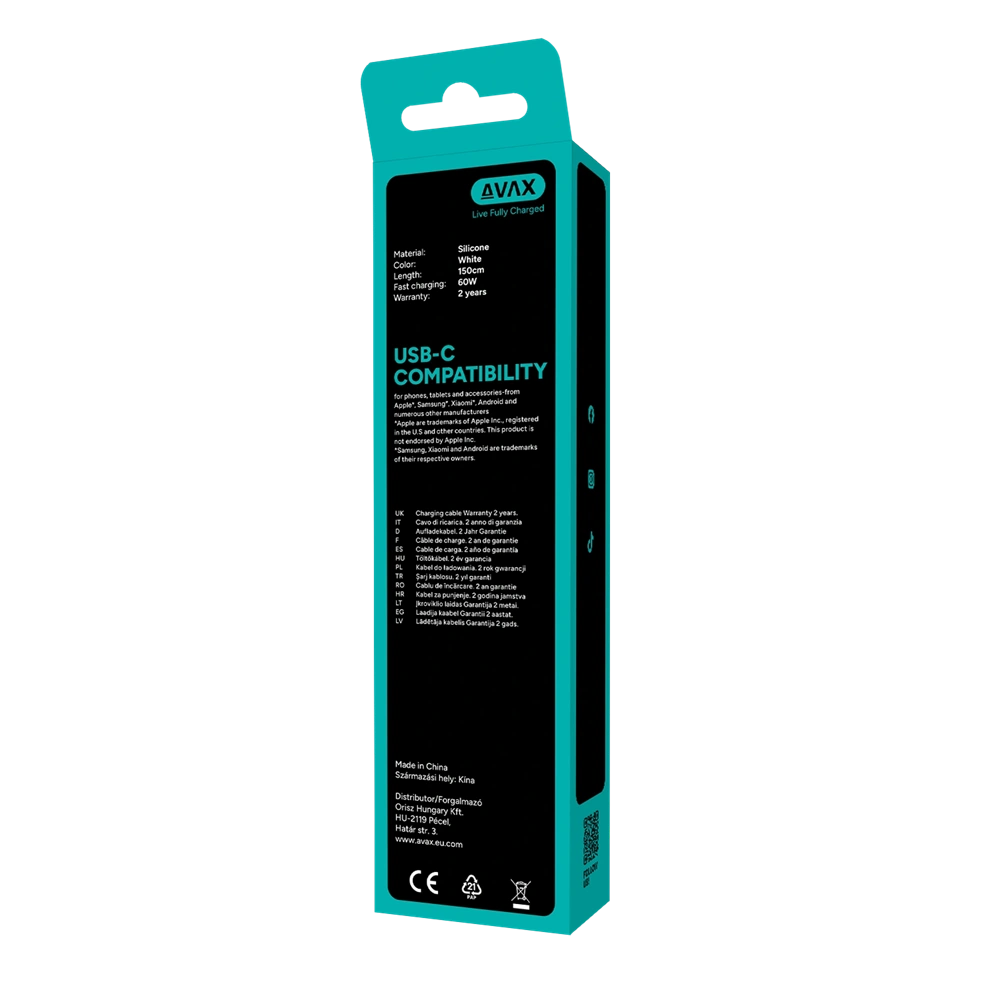 AVAX CB4303 2x 60W USB-C gyorstöltő szilikon kábel csomag, 1.5 m, fehér
