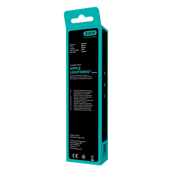 AVAX CB4304 2x 27W USB-C – Lightning szilikon töltőkábel csomag, 1.5 m, fehér