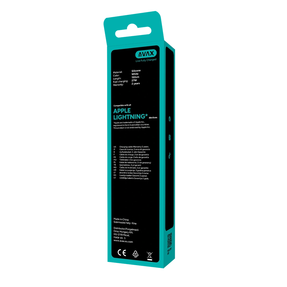 AVAX CB4304 2x 27W USB-C – Lightning szilikon töltőkábel csomag, 1.5 m, fehér