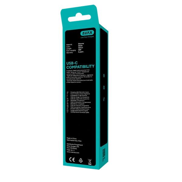 AVAX CB4305 3x 18W USB-A – USB-C gyorstöltő szilikon kábel csomag, 1.5 m, fehér