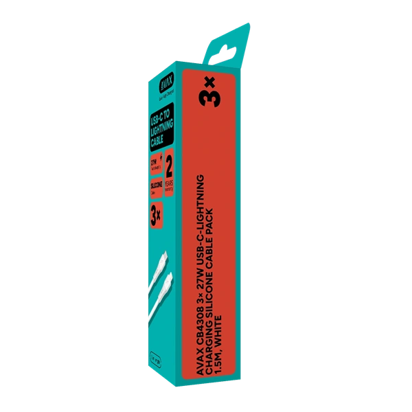 AVAX CB4308 3x 27W USB-C – Lightning szilikon töltőkábel csomag, 1.5 m, fehér