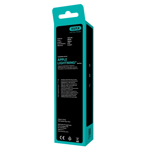 AVAX CB4308 3x 27W USB-C – Lightning szilikon töltőkábel csomag, 1.5 m, fehér