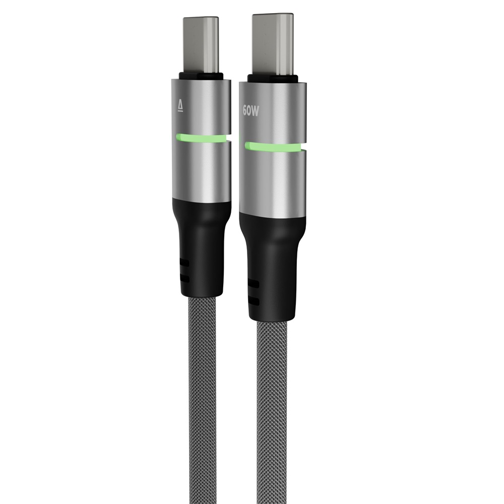 AVAX CB633 STEELY LED 2m 60W USB-C fekete fonott gyorstöltő kábel