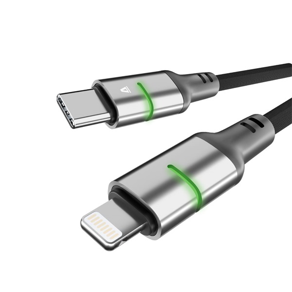 AVAX CB637 STEELY LED 3m 27W USB-C - Lightning fekete fonott gyorstöltő kábel