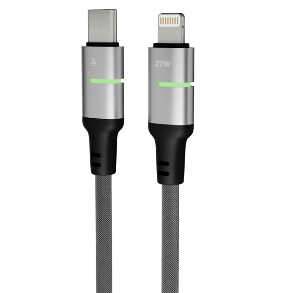 AVAX CB637 STEELY LED 3m 27W USB-C - Lightning fekete fonott gyorstöltő kábel