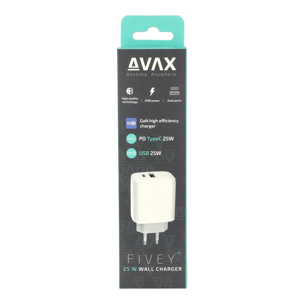 AVAX CH631W FIVEY+ 25W GaN USB A (QC)+Type C (PD) fehér hálózati gyorstöltő