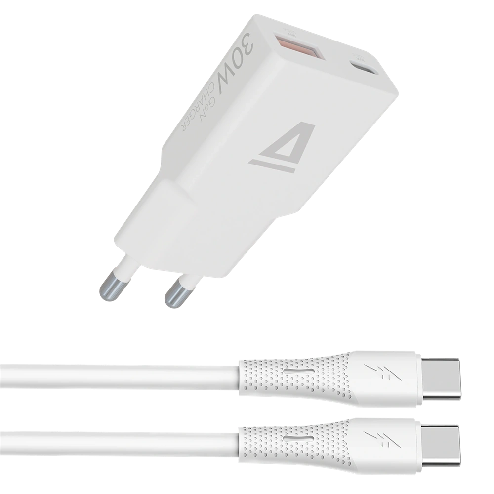 AVAX CH6413 30W GaN töltő és 60W USB-C szilikon kábel csomag, fehér