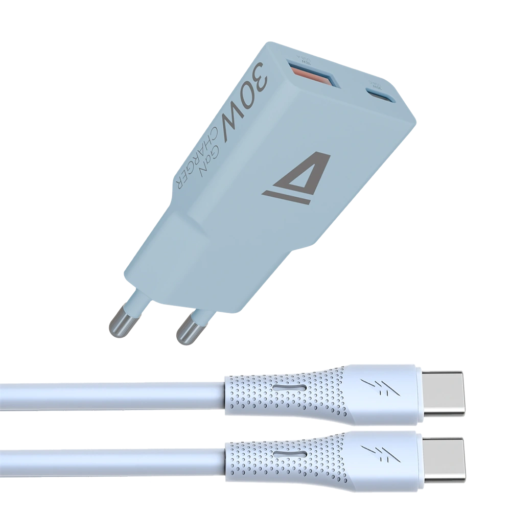 AVAX CH6415 30W GaN töltő és 60W USB-C szilikon kábel csomag, világoskék