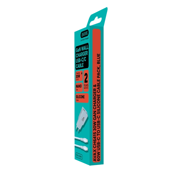 AVAX CH6415 30W GaN töltő és 60W USB-C szilikon kábel csomag, világoskék