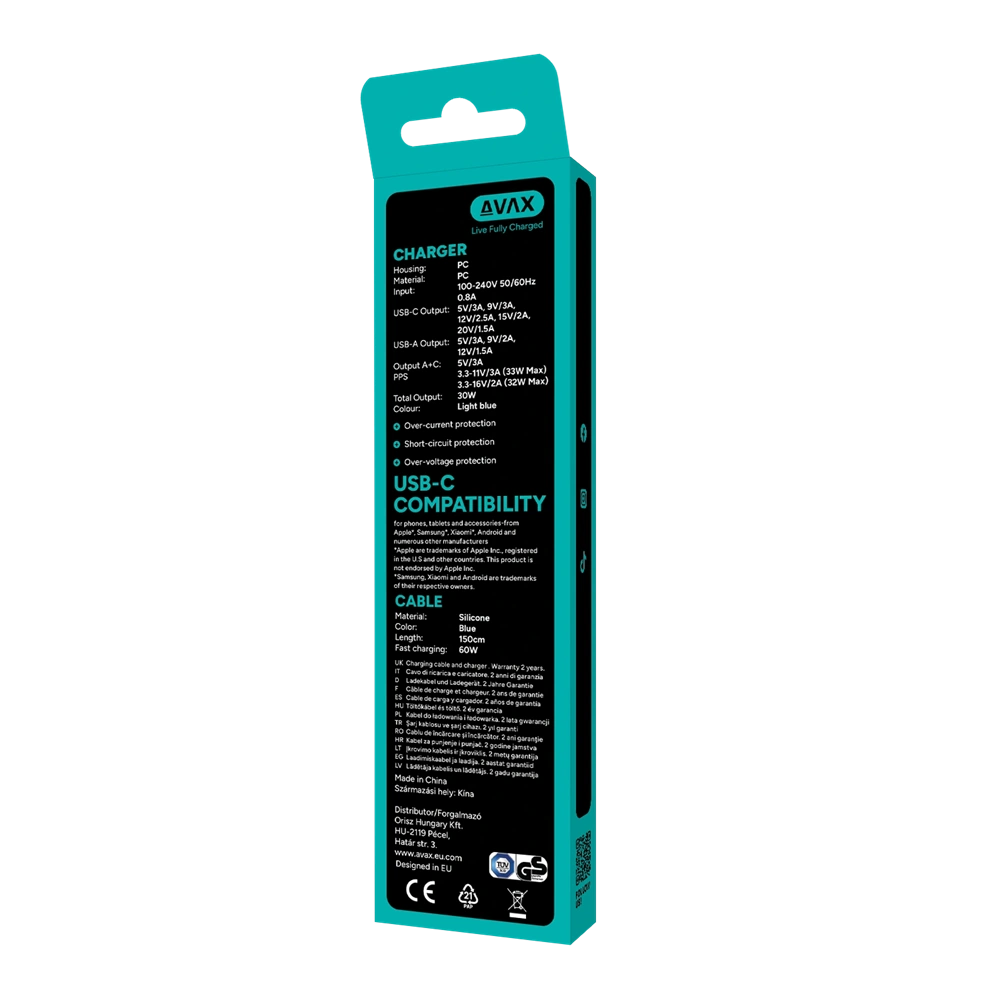 AVAX CH6415 30W GaN töltő és 60W USB-C szilikon kábel csomag, világoskék
