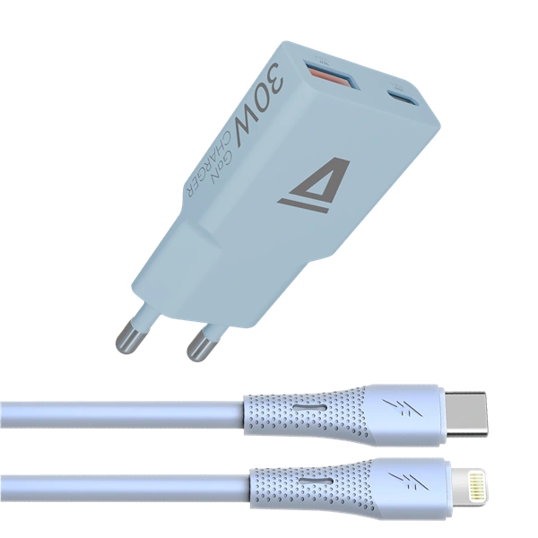 AVAX CH6416 30W GaN töltő és USB-C–Lightning szilikon kábel, világoskék
