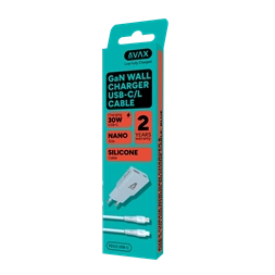 AVAX CH6416 30W GaN töltő és USB-C–Lightning szilikon kábel, világoskék