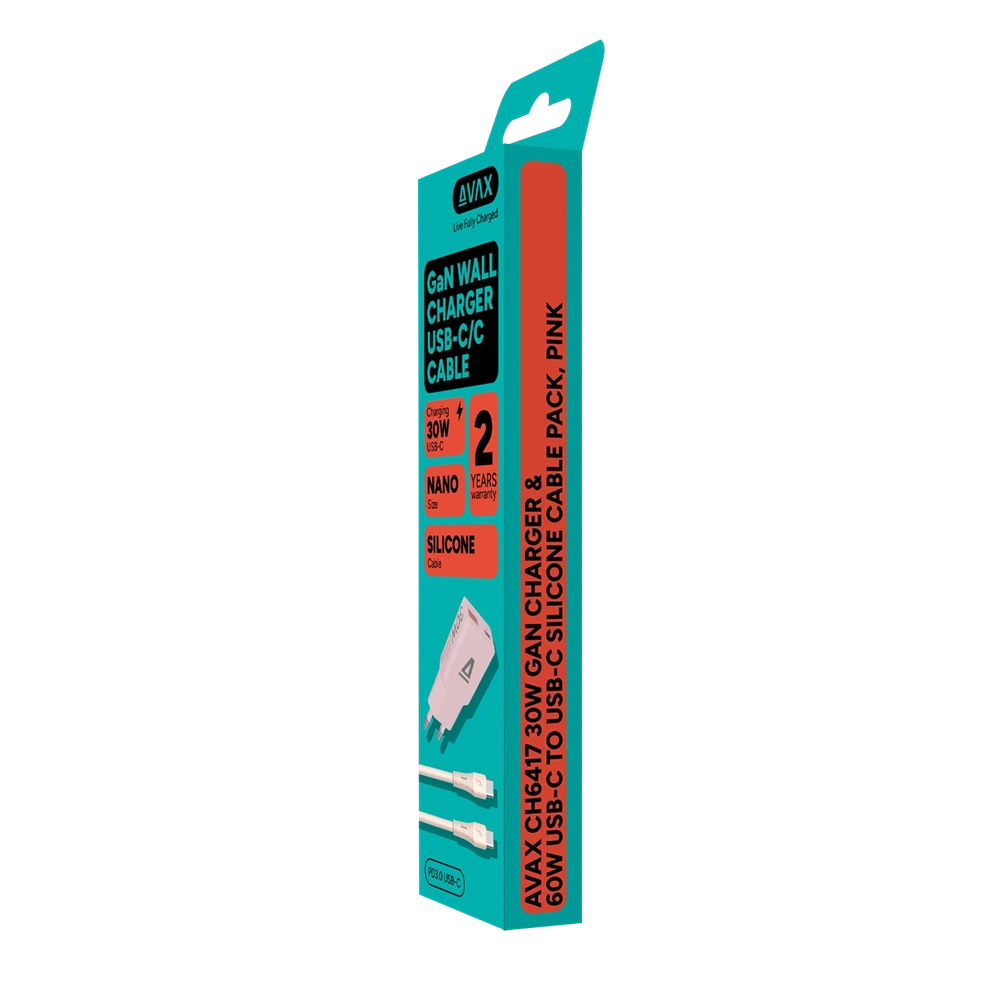 AVAX CH6417 30W GaN töltő és 60W USB-C szilikon kábel csomag, rózsaszín