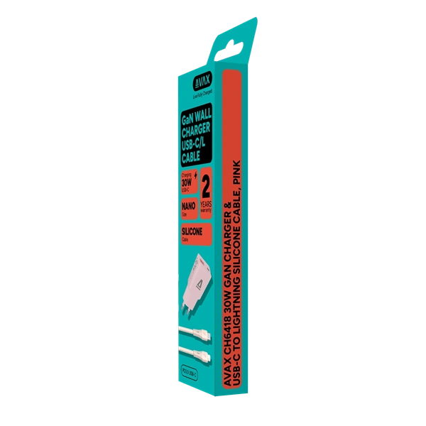AVAX CH6418 30W GaN töltő és USB-C–Lightning szilikon kábel, rózsaszín
