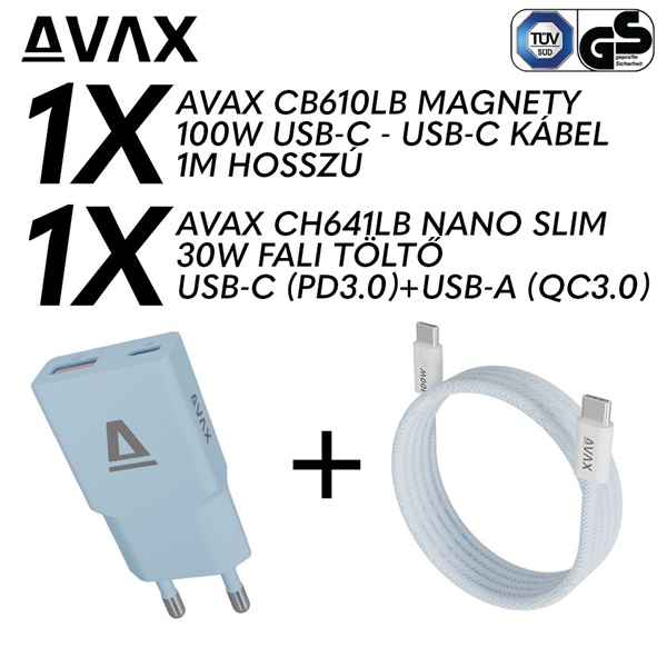 AVAX CH641LB & CB610LB – 30W GaN Gyorstöltő & 100W Mágneses USB-C Kábel csomag