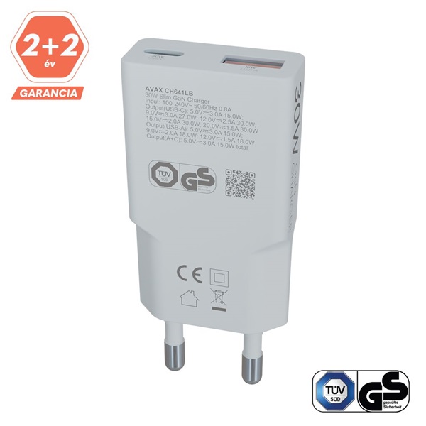 AVAX CH641LB NANO SLIM 30W USB-C (PD3.0)+USB-A (QC3.0) világoskék hálózati töltő