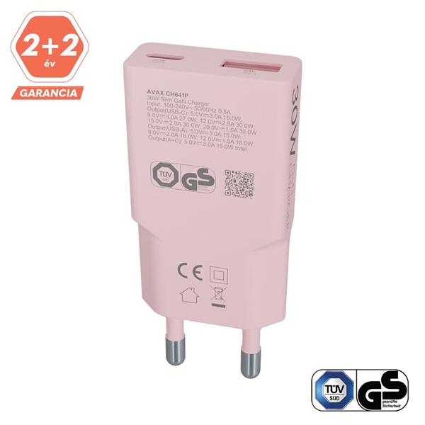 AVAX CH641P NANO SLIM 30W USB-C (PD3.0)+USB-A (QC3.0) pink hálózati töltő