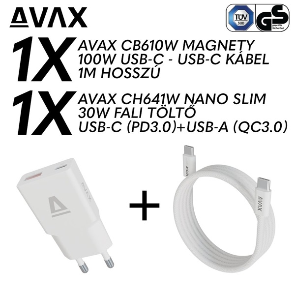 AVAX CH641W & CB610W – 30W GaN Gyorstöltő & 100W Mágneses USB-C Kábel csomag