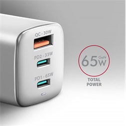AXAGON ACU-DPQ65W 3x port (USB + dual USB-C), PD3.0/QC4+/PPS/Apple 65W fehér GaN töltő