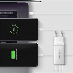 AXAGON ACU-DPQ65W 3x port (USB + dual USB-C), PD3.0/QC4+/PPS/Apple 65W fehér GaN töltő