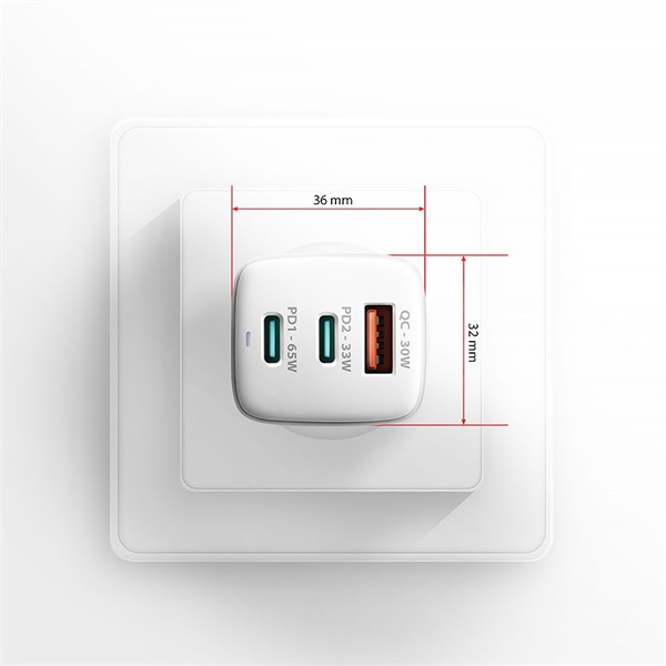 AXAGON ACU-DPQ65W 3x port (USB + dual USB-C), PD3.0/QC4+/PPS/Apple 65W fehér GaN töltő