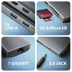 AXAGON HMC-8HLSA USB-C 3.2 Gen 1 3x USB-A + 4K/30Hz HDMI + SD/microSD GLAN Audio PD 100W hub