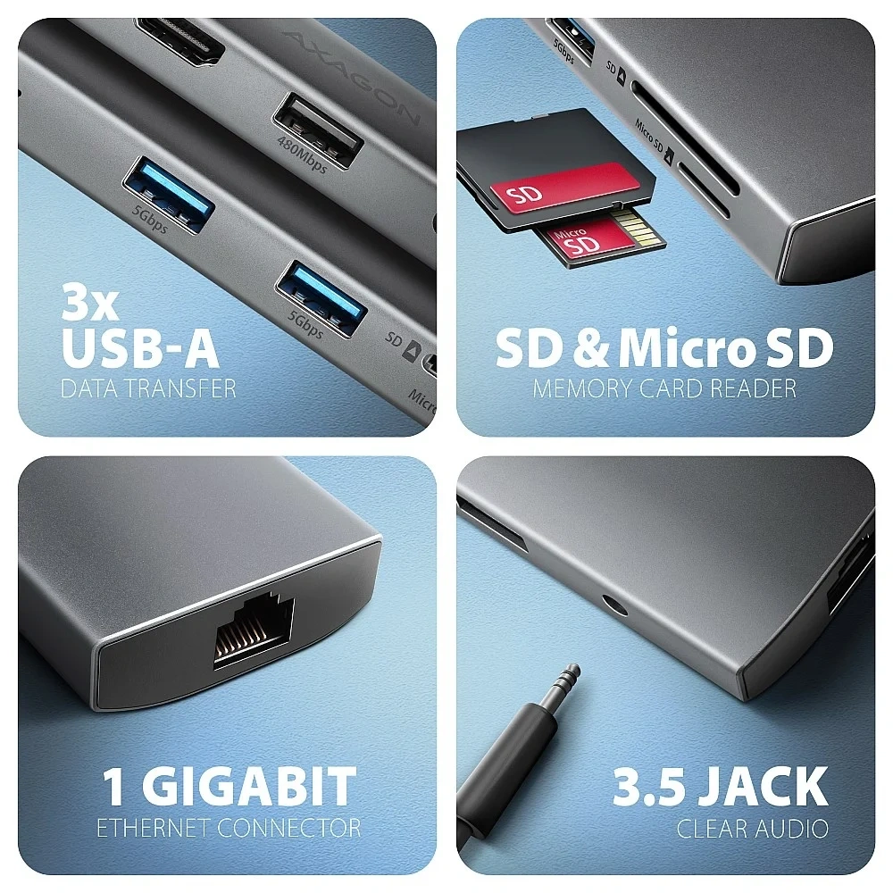 AXAGON HMC-8HLSA USB-C 3.2 Gen 1 3x USB-A + 4K/30Hz HDMI + SD/microSD GLAN Audio PD 100W hub