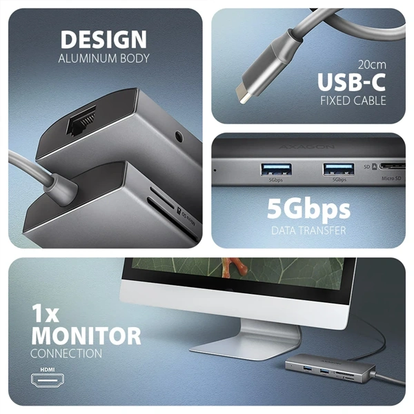 AXAGON HMC-8HLSA USB-C 3.2 Gen 1 3x USB-A + 4K/30Hz HDMI + SD/microSD GLAN Audio PD 100W hub