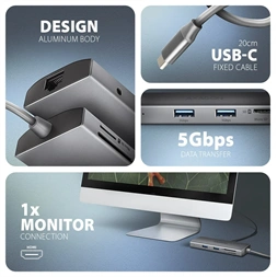 AXAGON HMC-8HLSA USB-C 3.2 Gen 1 3x USB-A + 4K/30Hz HDMI + SD/microSD GLAN Audio PD 100W hub