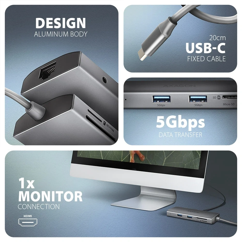 AXAGON HMC-8HLSA USB-C 3.2 Gen 1 3x USB-A + 4K/30Hz HDMI + SD/microSD GLAN Audio PD 100W hub