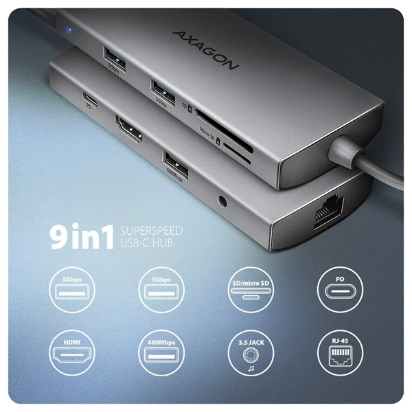 AXAGON HMC-8HLSA USB-C 3.2 Gen 1 3x USB-A + 4K/30Hz HDMI + SD/microSD GLAN Audio PD 100W hub