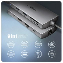 AXAGON HMC-8HLSA USB-C 3.2 Gen 1 3x USB-A + 4K/30Hz HDMI + SD/microSD GLAN Audio PD 100W hub