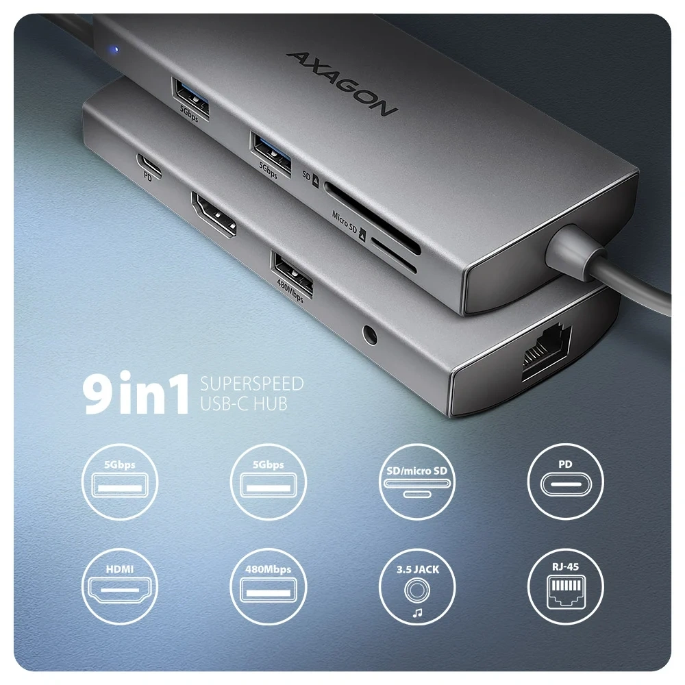 AXAGON HMC-8HLSA USB-C 3.2 Gen 1 3x USB-A + 4K/30Hz HDMI + SD/microSD GLAN Audio PD 100W hub