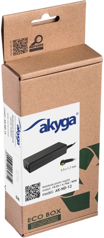 Akyga 19V/4,74A/90W 5,5x1,7mm Acer notebook hálózati töltő